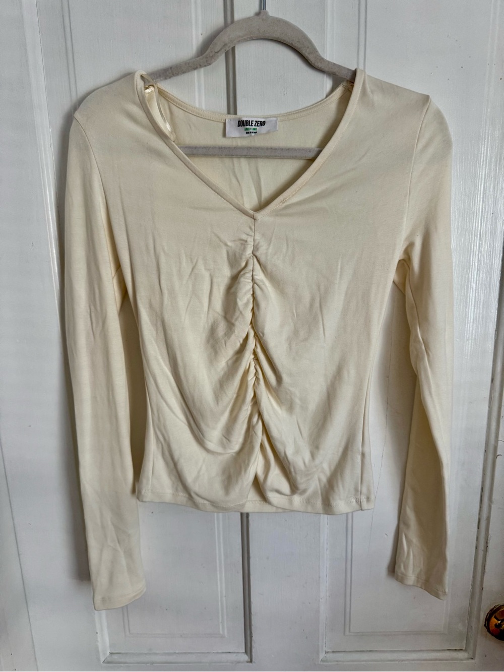 Double Zero Cream Long Sleeve Ruched V-Neck Top